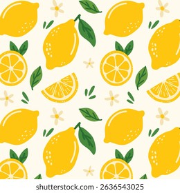 Lemon pattern in a fresh and summer style. Hand-drawn lemons with leaves and flowers. Perfect for packaging, textiles, backgrounds, wallpapers, cards, prints and decor. Citrus tropical fruits.