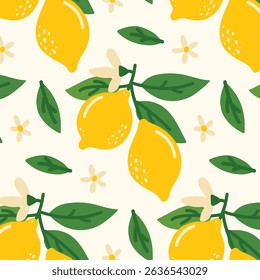 Lemon pattern in a fresh and summer style. Hand-drawn lemons with leaves and flowers. Perfect for packaging, textiles, backgrounds, wallpapers, cards, prints and decor. Citrus tropical fruits.