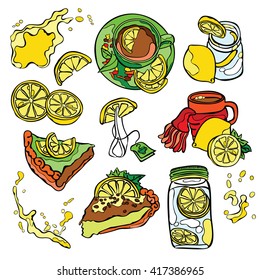 Lemon pattern: lemon fruit, pastries, lemon pie, lemon tea. Refreshing lemon juice and cocktail. Splash and drops. Isolated vector object on white background.
