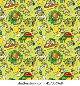 Lemon pattern: lemon fruit, pastries, lemon pie, lemon tea. Refreshing lemon juice and cocktail. Splash and drops. Vector seamless pattern.