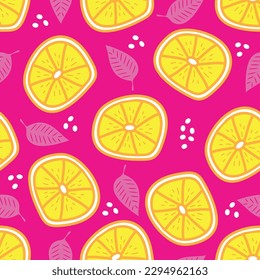 Lemon pattern - hand drawn lemon slice and levaes isolated on pink backgound. Good for textile print, wrapping and wall paper.