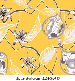 Lemon  Pattern. Illuminating Yellow and Ultimate Gray Vector Summer Citrus Print. Psychedelic Citron Motif. Simple Marker Lime. Botanical Illustration.  Modern Hand Drawn Background.