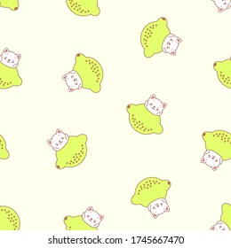 Patrón de limón. Ilustración de lindos gatitos blancos con ciruelas sobre un fondo amarillo claro. Vector 8 EPS.