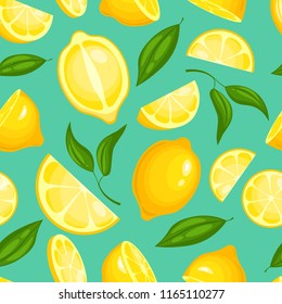 Lemon pattern. Lemonade exotic yellow juicy fruit with leaves illustration or wallpaper vector seamless background. Lemon citrus fresh, fruit juicy pattern