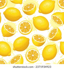 Lemon. Pattern of lemons on a white background. A whole lemon cut into slices with juicy splashes. The design is great for wallpaper, fabric, labels, packaging.