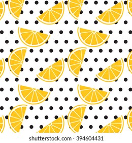 Lemon pattern on polka dot background. Wallpaper design. Print texture. Fabric design. Vector illustration.