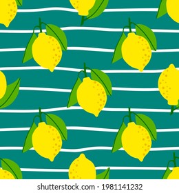Lemon pattern seamless in bright colors. Repeat stripes background with fruit vector pattern. Citrus fruit drawing. Great as wallpaper, fabric pattern or textile design. Summer background
