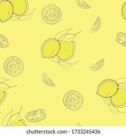 Lemon pattern. Seamless decorative background with yellow lemons. Bright summer design on a background of the trend Grunge line. Vector