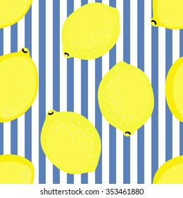 Lemon pattern. Seamless decorative background with yellow lemons. Summer fruit vector illustration on blue stripped background.