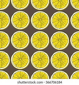 Lemon pattern. Seamless decorative background with yellow lemons. Colorful summer fruit vector illustration on brown background.