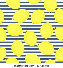 Lemon pattern. Seamless decorative background with yellow lemons. Summer fruit vector illustration on blue stripped background. Fashion design for textile, wallpaper, fabric.