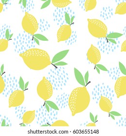 Lemon pattern. Seamless decorative background with yellow lemons. Bright summer design on a background of the trend Grunge line. Vector