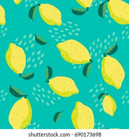 Lemon pattern. Seamless decorative background with lemons and leaves. Summer. Fruits background.