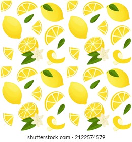 Lemon pattern. Seamless print of exotic tropical citrus fruit, zest and slices. Vector texture