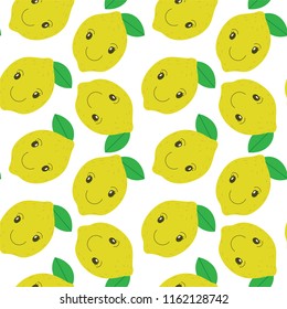 Lemon pattern seamless. Smiling fruit vector. Summer design. Citrus background