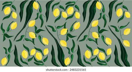lemon pattern, seamless, vector, banner, green leaves