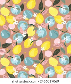 Zitronenmuster, Sommer, Blumen, Mandoline, Sommerfrüchte, Druck, Vektorgrafik 