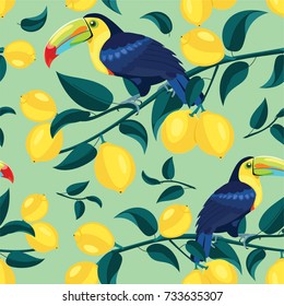 Lemon pattern with toucans. Vector seamless texture.