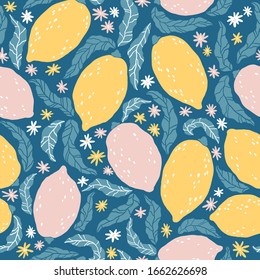 Lemon pattern. Vector seamless background with hand drawn citrus fruits and flowers. Cartoon illustration in simple flat scandinavian style. Ideal for fabric, textile, packaging, kitchen design