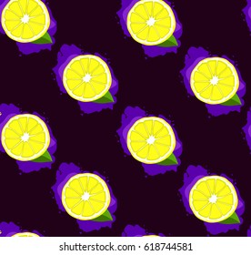 Lemon pattern vector, seamless pattern, simple pattern with fruit on violet background