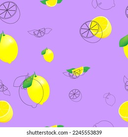 Lemon pattern from a whole fruit with a half and a slice. Vector illustration.