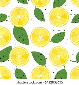 Lemon pattern, yellow lemon with green leaves on white background vector illustration.