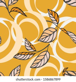 Lemon peel cut and twist. Citrus tree leaves, Botanical seamless pattern. Plant and fruit vegetal background in trendy flat style. Spiral ribbons. Textile and fabric design.