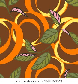 Lemon peel cut and twist. Citrus tree leaves, Botanical seamless pattern. Plant and fruit vegetal background in trendy flat style. Spiral ribbons. Textile and fabric design.