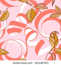 Lemon peel cut and twist. Citrus tree leaves, Botanical seamless pattern. Plant and fruit vegetal background in trendy flat style. Spiral ribbons. Textile and fabric design.