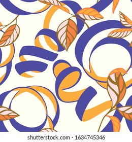 Lemon peel cut and twist. Citrus tree leaves, Botanical seamless pattern. Plant and fruit vegetal background in trendy flat style. Spiral ribbons. Textile and fabric design.