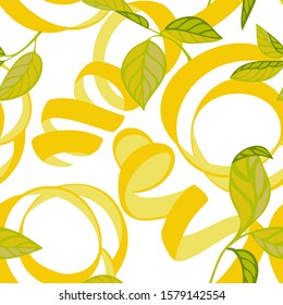 Lemon peel cut and twist isolated on white. Citrus tree leaves, Botanical seamless pattern. Plant and fruit vegetal background in trendy flat style. Textile and fabric fashion design.