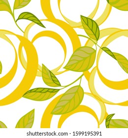 Lemon peel cut and twist isolated on white. Citrus tree leaves, Botanical seamless pattern. Plant and fruit vegetal background in trendy flat style. Textile and fabric fashion design.