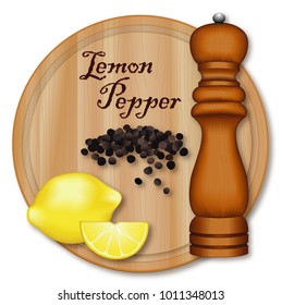 Lemon Pepper, classic seasoning made from lemon zest and cracked peppercorns. Lemon wedge, black peppercorns, dark wood pepper mill, wood cutting board, isolated on white background.