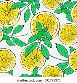 Lemon and pepper mint pattern. Colorful summer fruit vector illustration on white background.