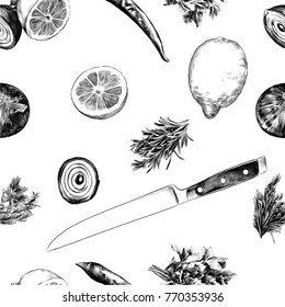 lemon pepper parsley onion knife green sketch vector graphics monochrome black-and-white drawing