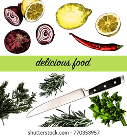 lemon pepper parsley onion knife green sketch vector graphics color picture