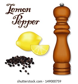 Lemon Pepper, wood spice mill grinder, cracked dried black peppercorns, lemon zest. Classic seasoning for poultry, pasta, seafood. See other herb and spice blends in this series. EPS8 compatible.