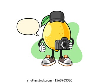 Lemon photographer with speech bubble cartoon. Mascot Character vector.
