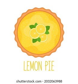 Lemon pie with coconut flakes on white background, top view, vector illustration