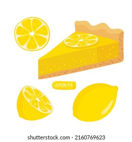 Lemon pie. Cut off pie piece isolated with lemon fruit on white background. Healthy Vegetable eating. Food flat design for menu, cafe, restaurant, farmers market, vegetarian recipe