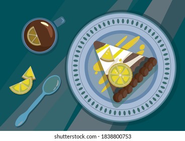 Lemon pie on a plate with a Cup of tea