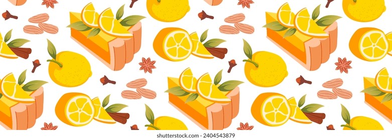 Lemon pie seamless pattern. Tropical yellow lemon Slices and desserts. culinary yellow background. For fabric, print on t-shirt, wallpaper. Fruit cake repeated background. Vector flat illustration.