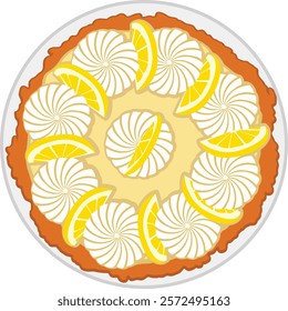 lemon pie with lemon slices and meringues on top, lemon pie top view.