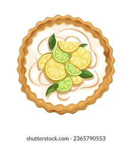 Lemon pie, view from above vector illustration. Cartoon isolated whole round cake with meringue and slices of lemon and lime on top, sweet tart or cheesecake with citrus fruit and cream filling