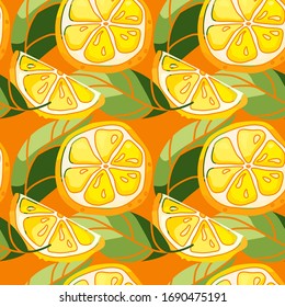 Lemon pieces with leaves on transparent backdrop. Citric seamless pattern for wrapping paper, sleeper, bath tile, apparel or bed linen. Phone case or cloth print. Drawn style stock vector illustration