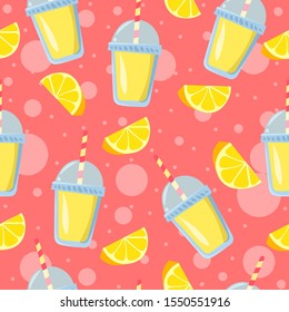 Lemon pieces and lemonade glasses with pink bubbles in the background seamless pattern. Yellow and pink pastel colors illustration.