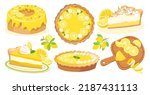 Lemon pies set. Pie top view, slice, sponge cake, lemons. Vector illustration.