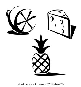 Lemon, pineapple and cheese isolated on white background. Icons. Vector illustration.