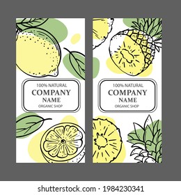 LEMON PINEAPPLE Design Of Stickers And Labels For Shop Of Organic Natural Products And Dessert Drink Products In Sketch Style Vector Illustration Set For Print