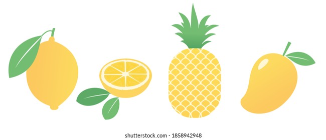 Lemon, pineapple and mango icon sign isolated on white background vector illustration. Cute fruit cartoon.